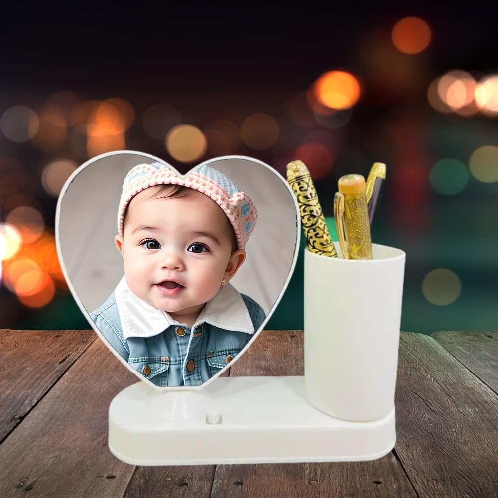 Customized Round LED Magic Mirror Photo Frame with Pen Stand – Personalized LED Light Picture Frame for Desk, Gifts for Couples, Anniversary,